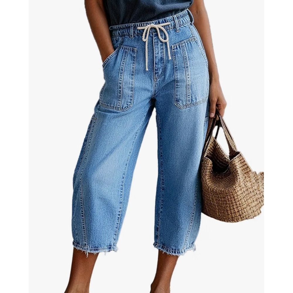 Flamingals Capri Barrel Leg Mid Waist Drawstring Jeans Cropped Raw Hem Med sz L